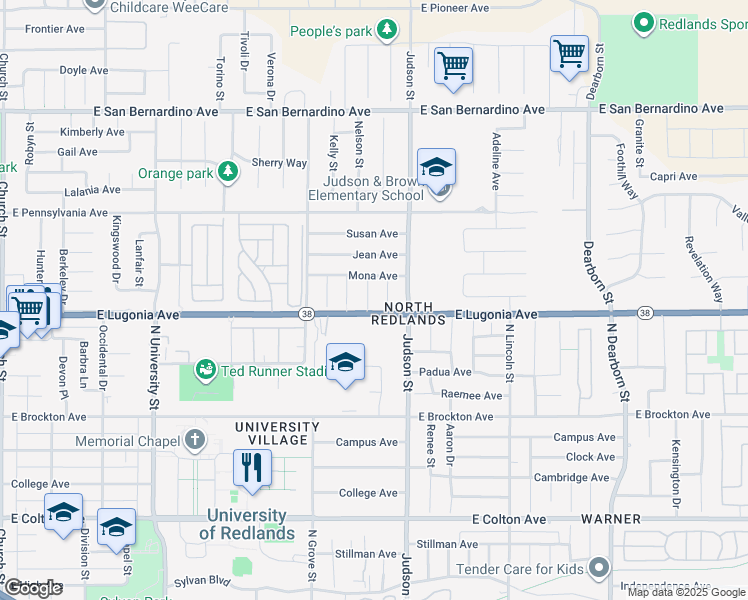 map of restaurants, bars, coffee shops, grocery stores, and more near 1308 Julie Court in Redlands