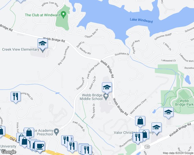 map of restaurants, bars, coffee shops, grocery stores, and more near 6181 Water Lily Drive in Alpharetta