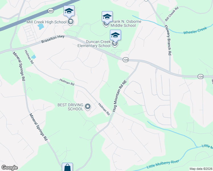 map of restaurants, bars, coffee shops, grocery stores, and more near 4500 Hog Mountain Road Northeast in Hoschton