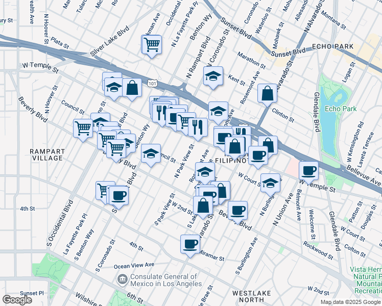 map of restaurants, bars, coffee shops, grocery stores, and more near 230 North Park View Street in Los Angeles