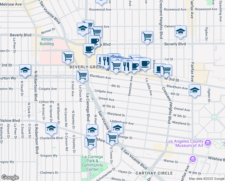 map of restaurants, bars, coffee shops, grocery stores, and more near 6671 Colgate Avenue in Los Angeles