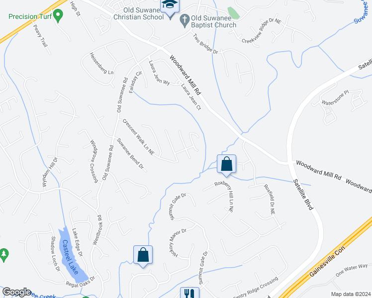 map of restaurants, bars, coffee shops, grocery stores, and more near Alexandra Oak Court in Suwanee