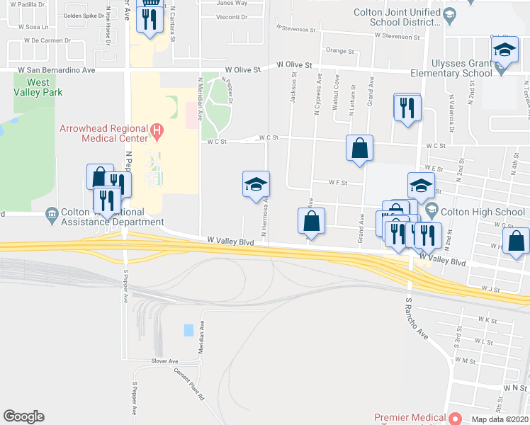 map of restaurants, bars, coffee shops, grocery stores, and more near 325 North Hermosa Avenue in Colton