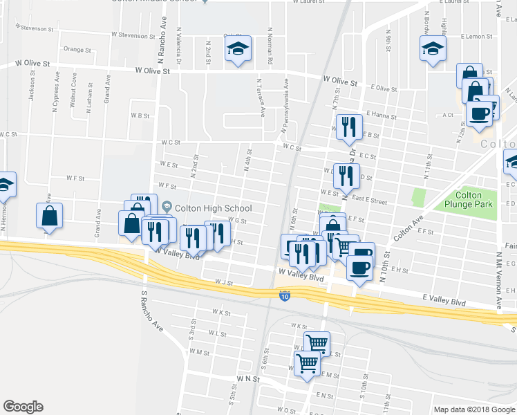 map of restaurants, bars, coffee shops, grocery stores, and more near 507 North Pennsylvania Avenue in Colton