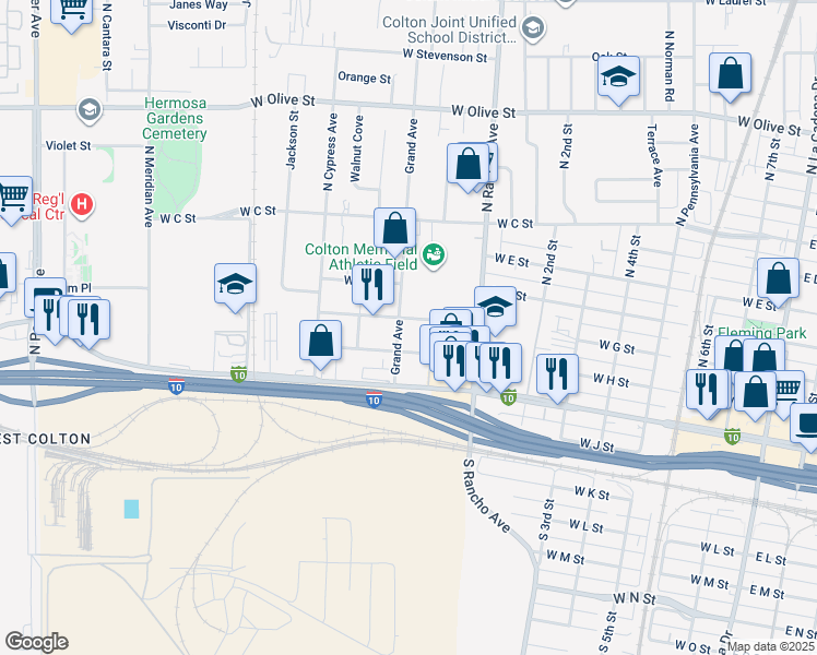 map of restaurants, bars, coffee shops, grocery stores, and more near 411 Grand Avenue in Colton