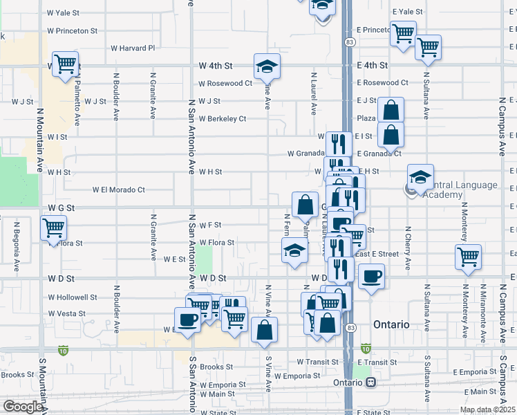 map of restaurants, bars, coffee shops, grocery stores, and more near 705 North Bonita Court in Ontario