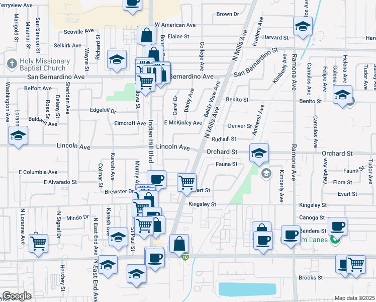 map of restaurants, bars, coffee shops, grocery stores, and more near 1777 Lincoln Avenue in Pomona