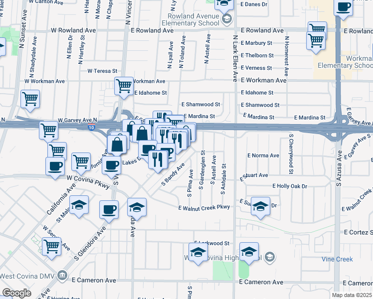 map of restaurants, bars, coffee shops, grocery stores, and more near 1028 East Dalewood Street in West Covina