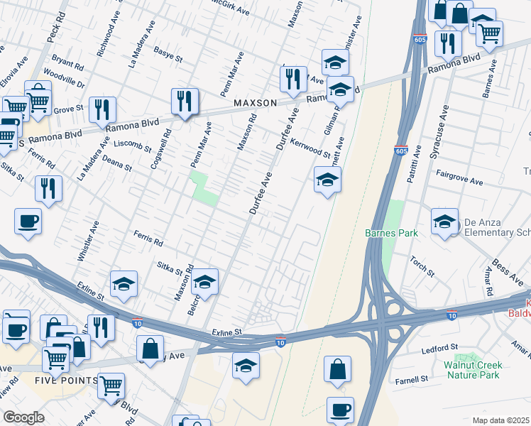 map of restaurants, bars, coffee shops, grocery stores, and more near 3855 Gilman Road in El Monte