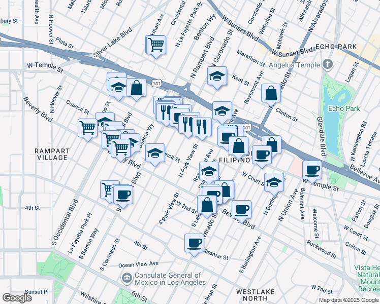 map of restaurants, bars, coffee shops, grocery stores, and more near 248 North Park View Street in Los Angeles
