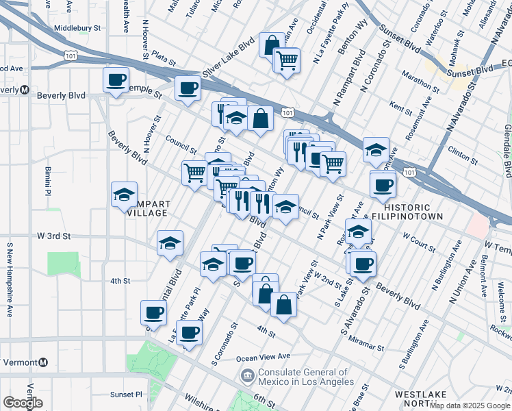 map of restaurants, bars, coffee shops, grocery stores, and more near 2724 Glassell Street in Los Angeles