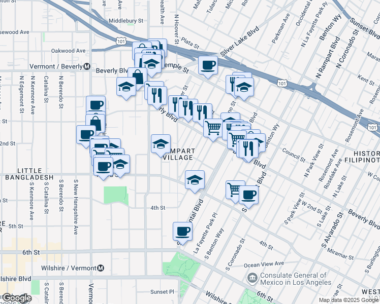 map of restaurants, bars, coffee shops, grocery stores, and more near in Los Angeles