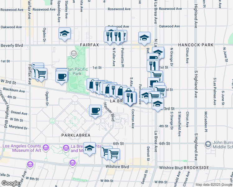 map of restaurants, bars, coffee shops, grocery stores, and more near 201 South Fuller Avenue in Los Angeles