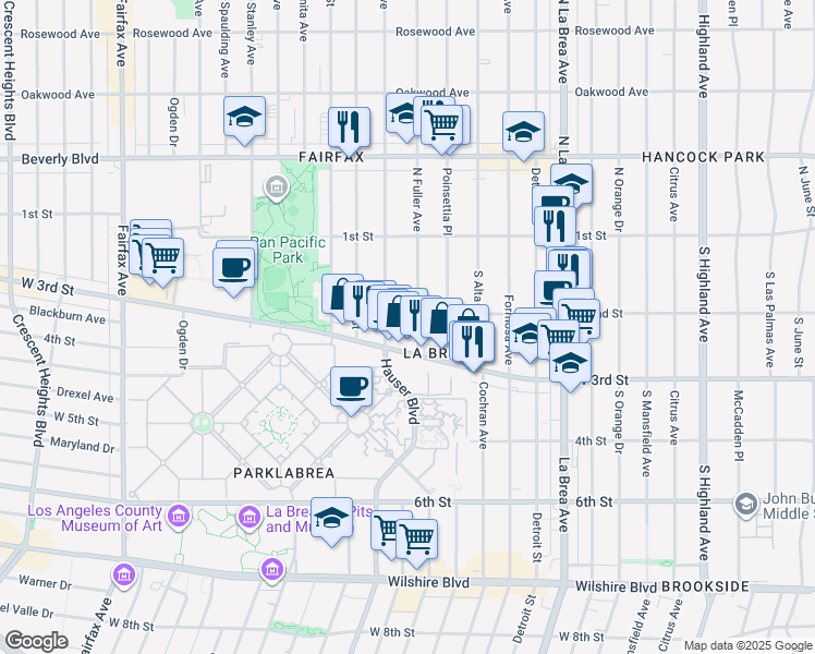 map of restaurants, bars, coffee shops, grocery stores, and more near 201 South Fuller Avenue in Los Angeles
