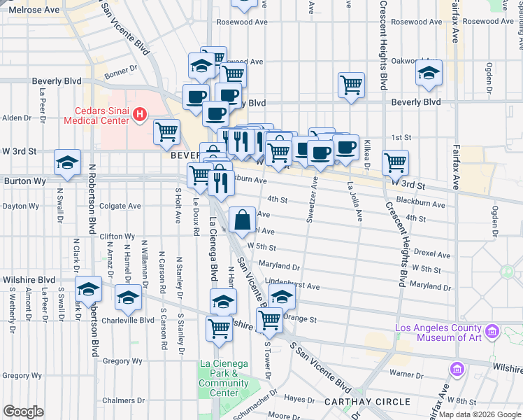 map of restaurants, bars, coffee shops, grocery stores, and more near 8412 West 4th Street in Los Angeles