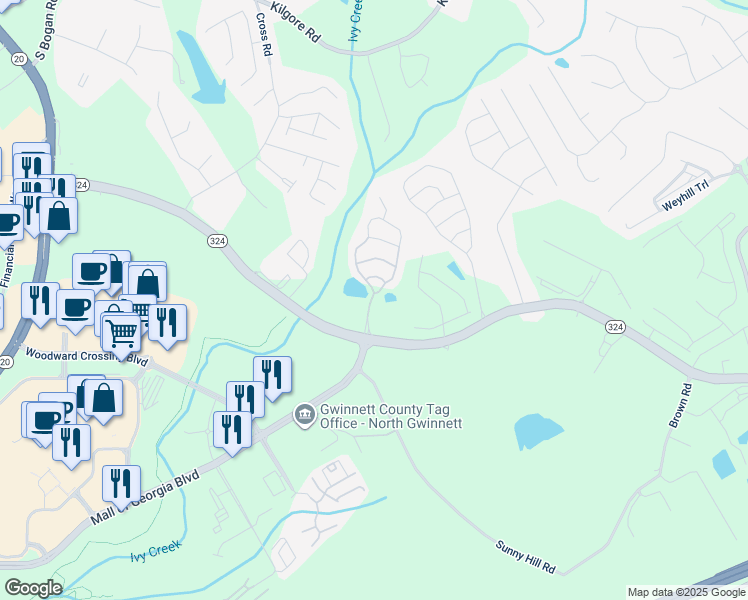map of restaurants, bars, coffee shops, grocery stores, and more near 3002 Cedar Glade Lane Northeast in Buford