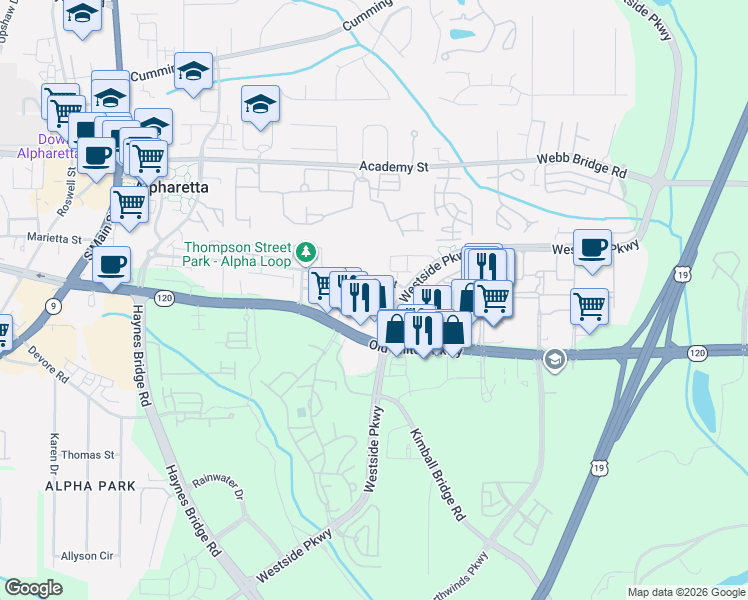 map of restaurants, bars, coffee shops, grocery stores, and more near 305 Thompson Street in Alpharetta