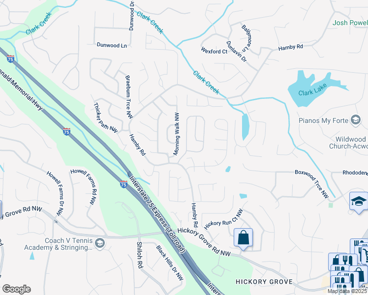 map of restaurants, bars, coffee shops, grocery stores, and more near 4805 Wilkie Way Northwest in Acworth
