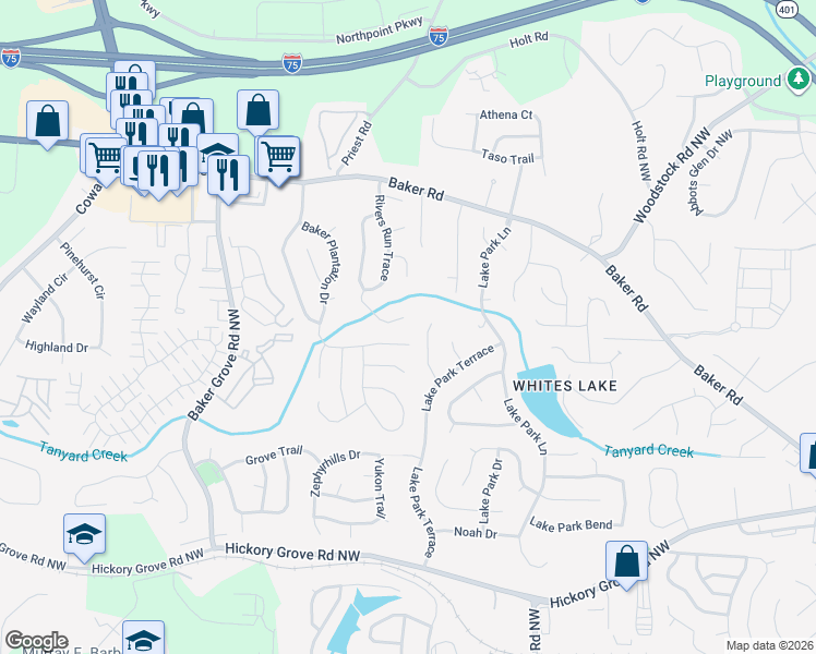 map of restaurants, bars, coffee shops, grocery stores, and more near 3714 Crescent Hill Lane in Acworth