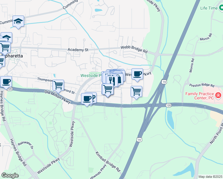 map of restaurants, bars, coffee shops, grocery stores, and more near 4100 Avalon Boulevard in Alpharetta