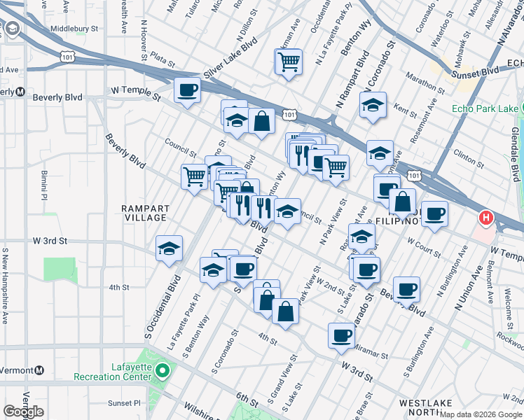 map of restaurants, bars, coffee shops, grocery stores, and more near 2600 Glassell Street in Los Angeles