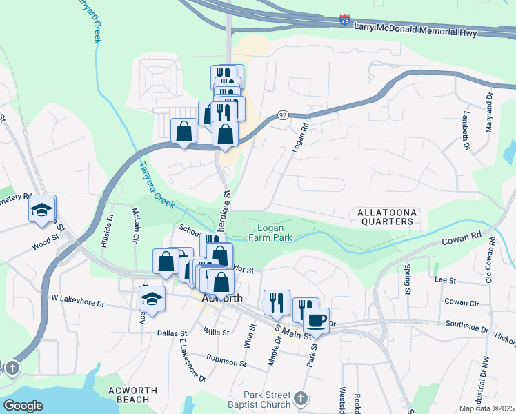 map of restaurants, bars, coffee shops, grocery stores, and more near 4765 Logan Road in Acworth