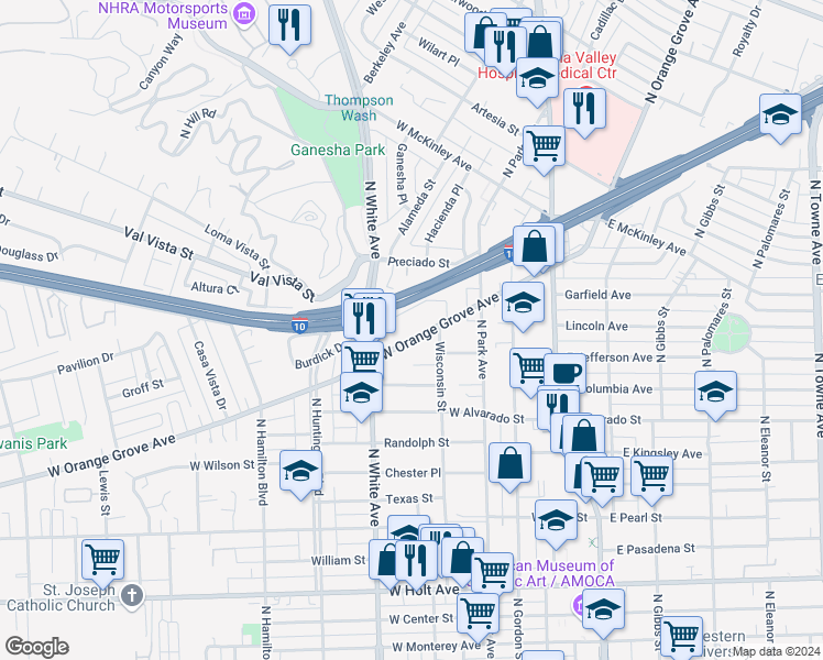 map of restaurants, bars, coffee shops, grocery stores, and more near 439 West Orange Grove Avenue in Pomona