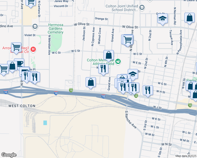 map of restaurants, bars, coffee shops, grocery stores, and more near 1064 West G Street in Colton