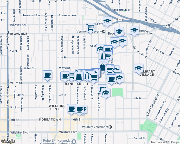 map of restaurants, bars, coffee shops, grocery stores, and more near 207 South Berendo Street in Los Angeles