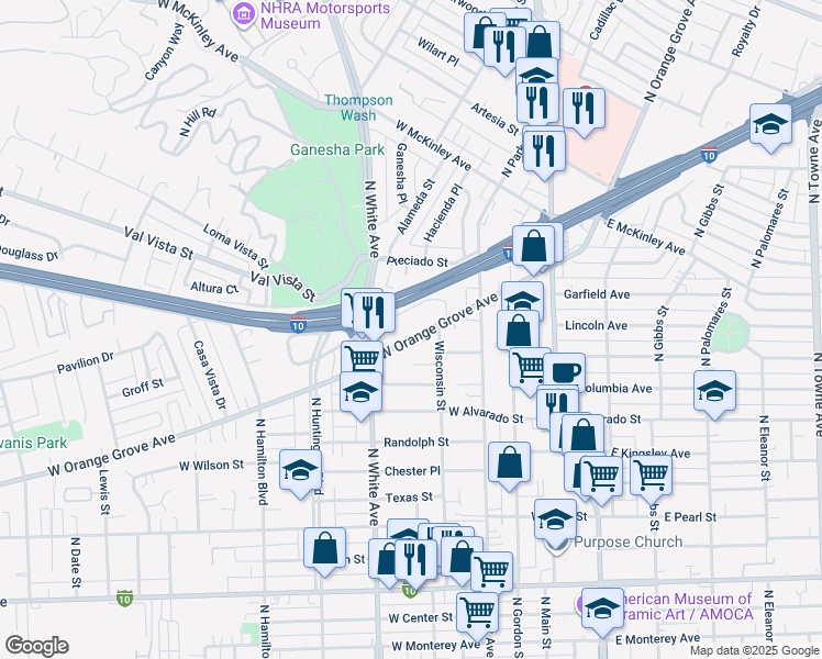 map of restaurants, bars, coffee shops, grocery stores, and more near 439 West Orange Grove Avenue in Pomona