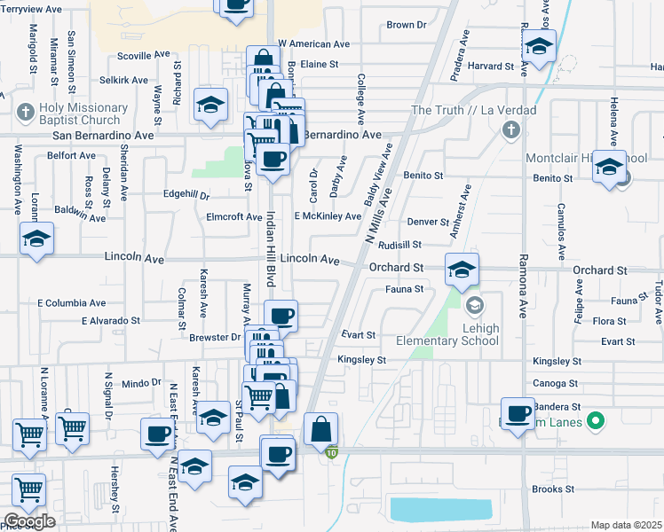 map of restaurants, bars, coffee shops, grocery stores, and more near 1740 Lincoln Avenue in Pomona