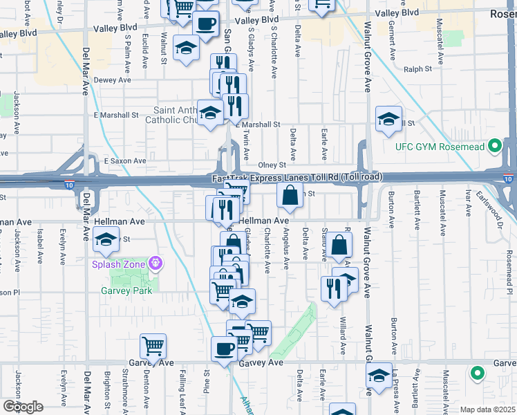 map of restaurants, bars, coffee shops, grocery stores, and more near 3423 Gaydon Avenue in Rosemead