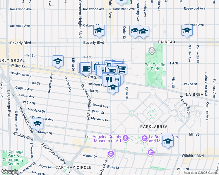 map of restaurants, bars, coffee shops, grocery stores, and more near 8400 Blackburn Avenue in Los Angeles