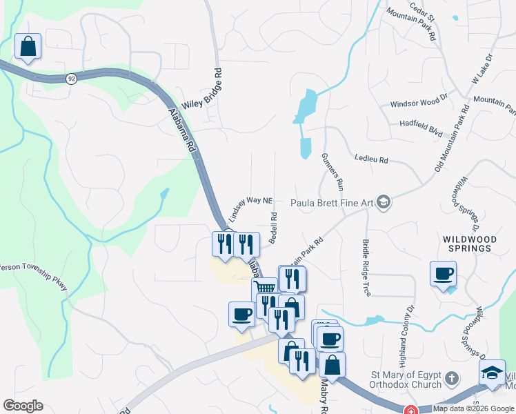 map of restaurants, bars, coffee shops, grocery stores, and more near 4981 Bedell Road in Roswell