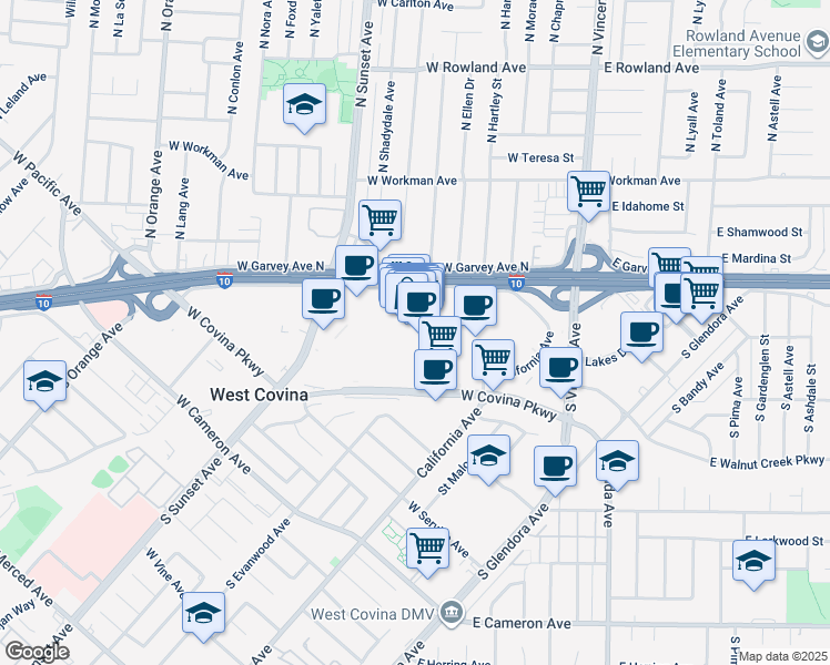 map of restaurants, bars, coffee shops, grocery stores, and more near 448 Plaza Drive in West Covina