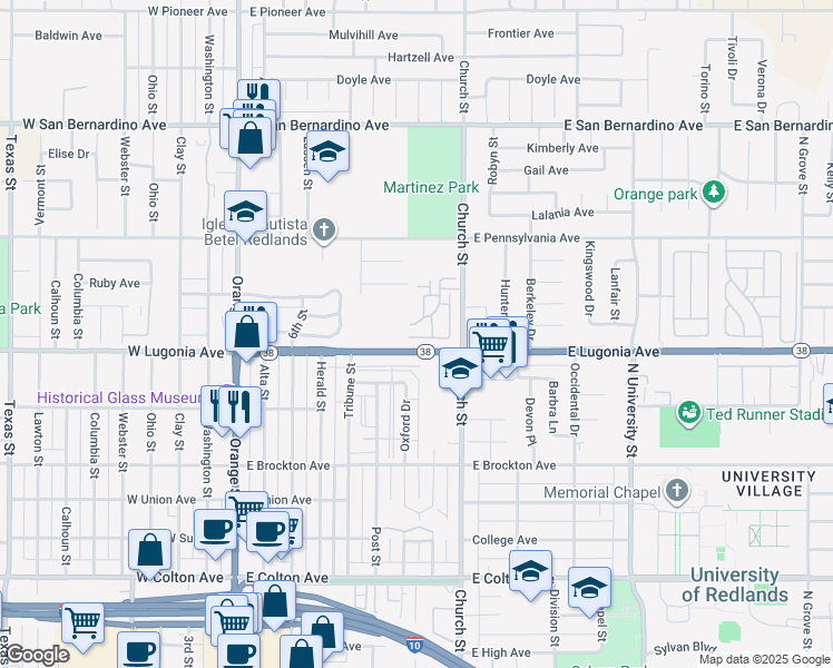 map of restaurants, bars, coffee shops, grocery stores, and more near 623 Church Place in Redlands