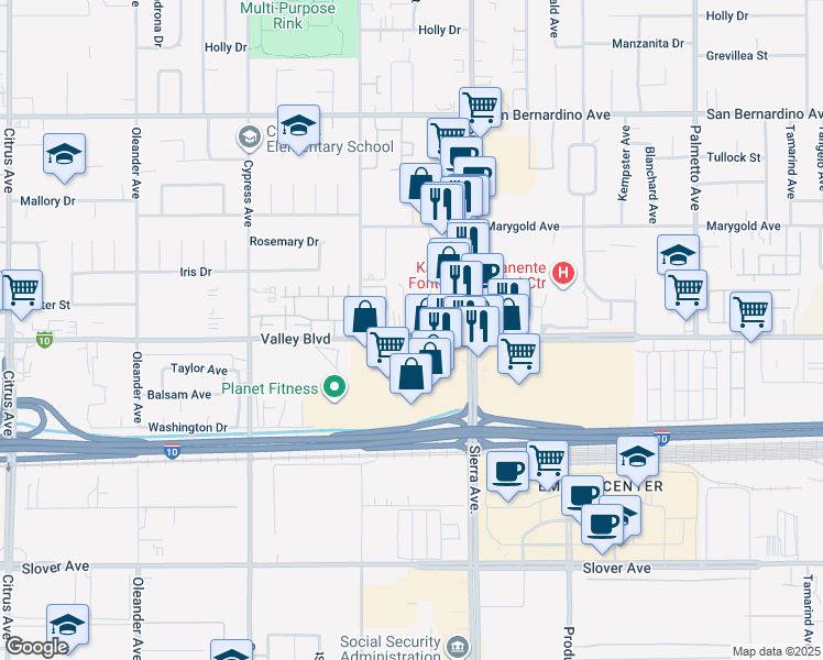 map of restaurants, bars, coffee shops, grocery stores, and more near 16780 Valley Boulevard in Fontana
