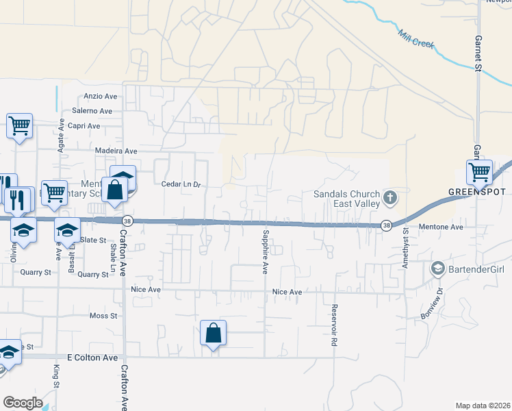 map of restaurants, bars, coffee shops, grocery stores, and more near 1331 Sapphire Avenue in Mentone