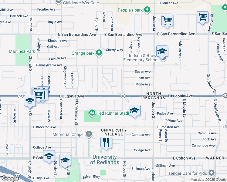 map of restaurants, bars, coffee shops, grocery stores, and more near 1251 East Lugonia Avenue in Redlands