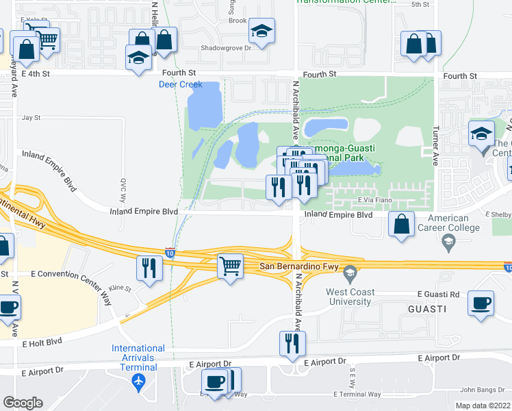 map of restaurants, bars, coffee shops, grocery stores, and more near 2575 E Date Palm Paseo in Ontario