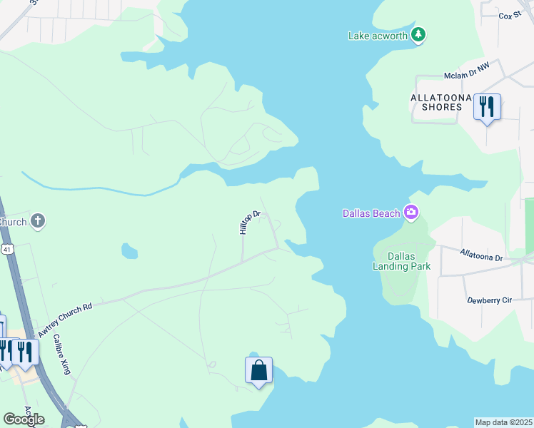 map of restaurants, bars, coffee shops, grocery stores, and more near 4770 Hilltop Drive Northwest in Acworth