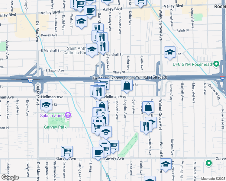 map of restaurants, bars, coffee shops, grocery stores, and more near 3423 Gaydon Avenue in Rosemead