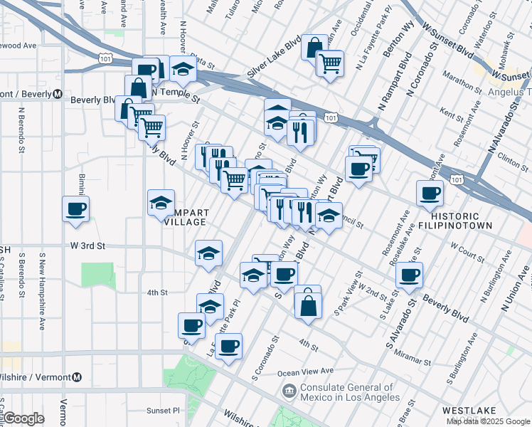 map of restaurants, bars, coffee shops, grocery stores, and more near Beverly Boulevard & North Occidental Boulevard in Los Angeles
