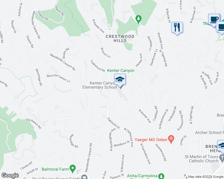 map of restaurants, bars, coffee shops, grocery stores, and more near 641 Elkins Road in Los Angeles