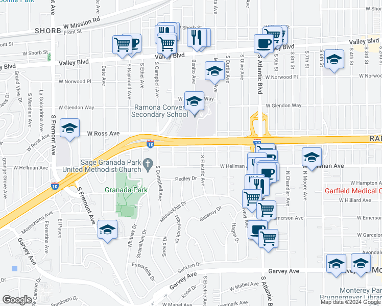 map of restaurants, bars, coffee shops, grocery stores, and more near 2002 South Bushnell Avenue in Alhambra