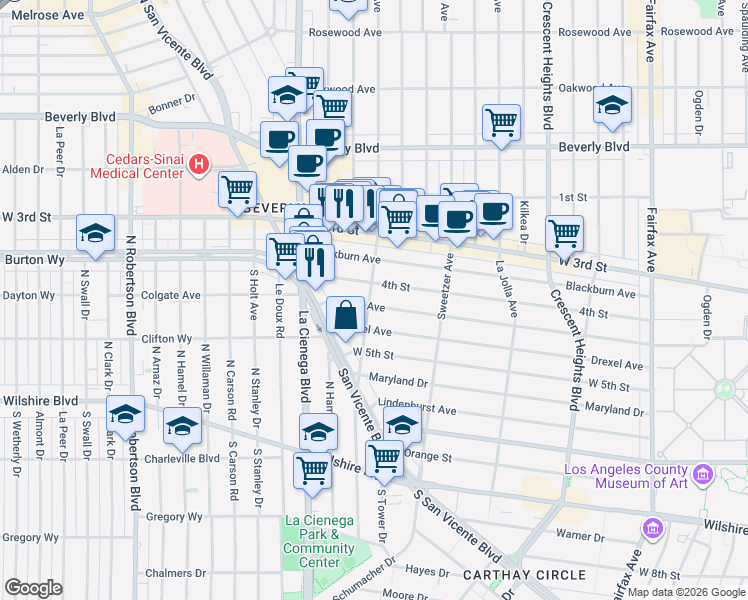 map of restaurants, bars, coffee shops, grocery stores, and more near 6687 Colgate Avenue in West Hollywood
