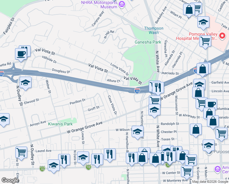map of restaurants, bars, coffee shops, grocery stores, and more near 720 Murchison Avenue in Pomona
