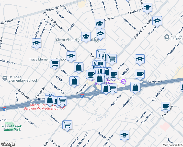 map of restaurants, bars, coffee shops, grocery stores, and more near 13517 Tracy Street in Baldwin Park