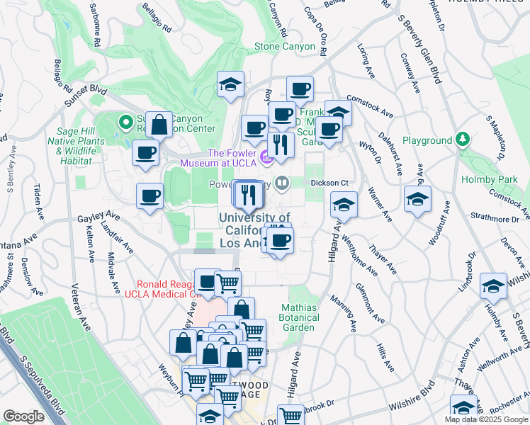map of restaurants, bars, coffee shops, grocery stores, and more near 405 Hilgard Avenue in Los Angeles