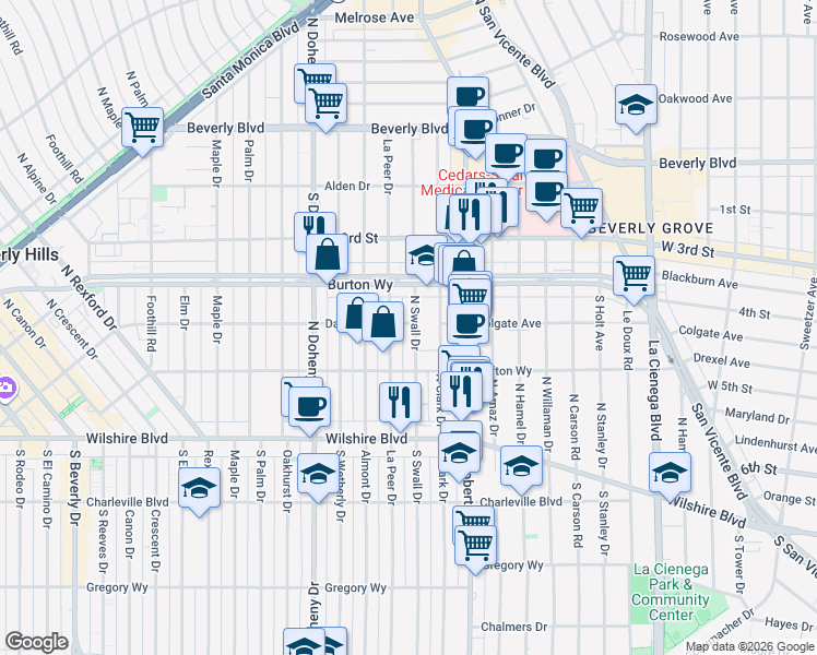 map of restaurants, bars, coffee shops, grocery stores, and more near 263 North Swall Drive in Beverly Hills